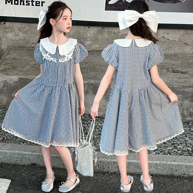 女童甜美千金格子连衣裙清爽夏季新款中长款娃娃领学院风学生仙女