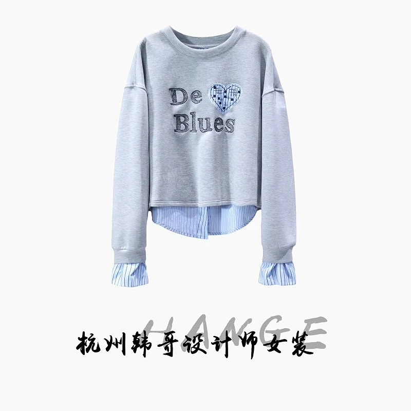 【韩哥女装】2025秋冬《雅致》银灰色立体刺绣拼接衬衫卫衣6281-K2