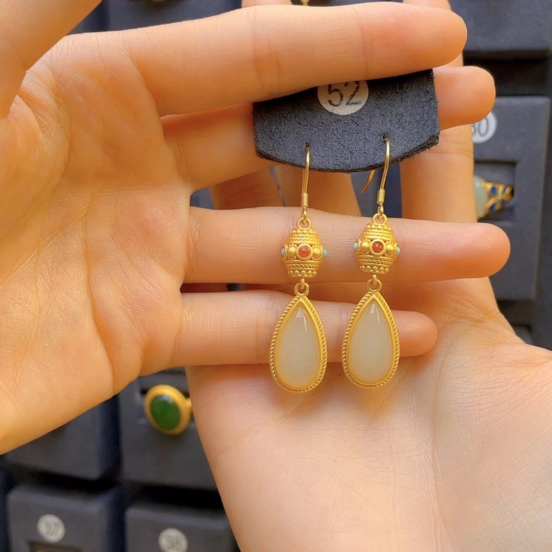 和田玉耳饰银S925镀金镶嵌