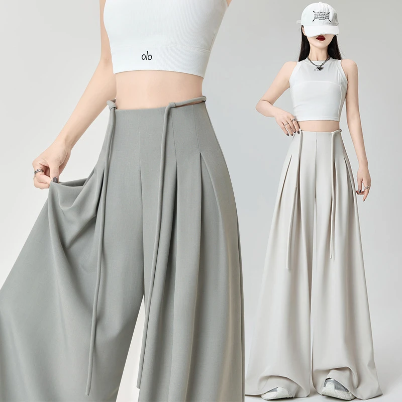法式高腰抽绳阔腿休闲裤女2025夏季新款简约风宽松拖地休闲直筒裤