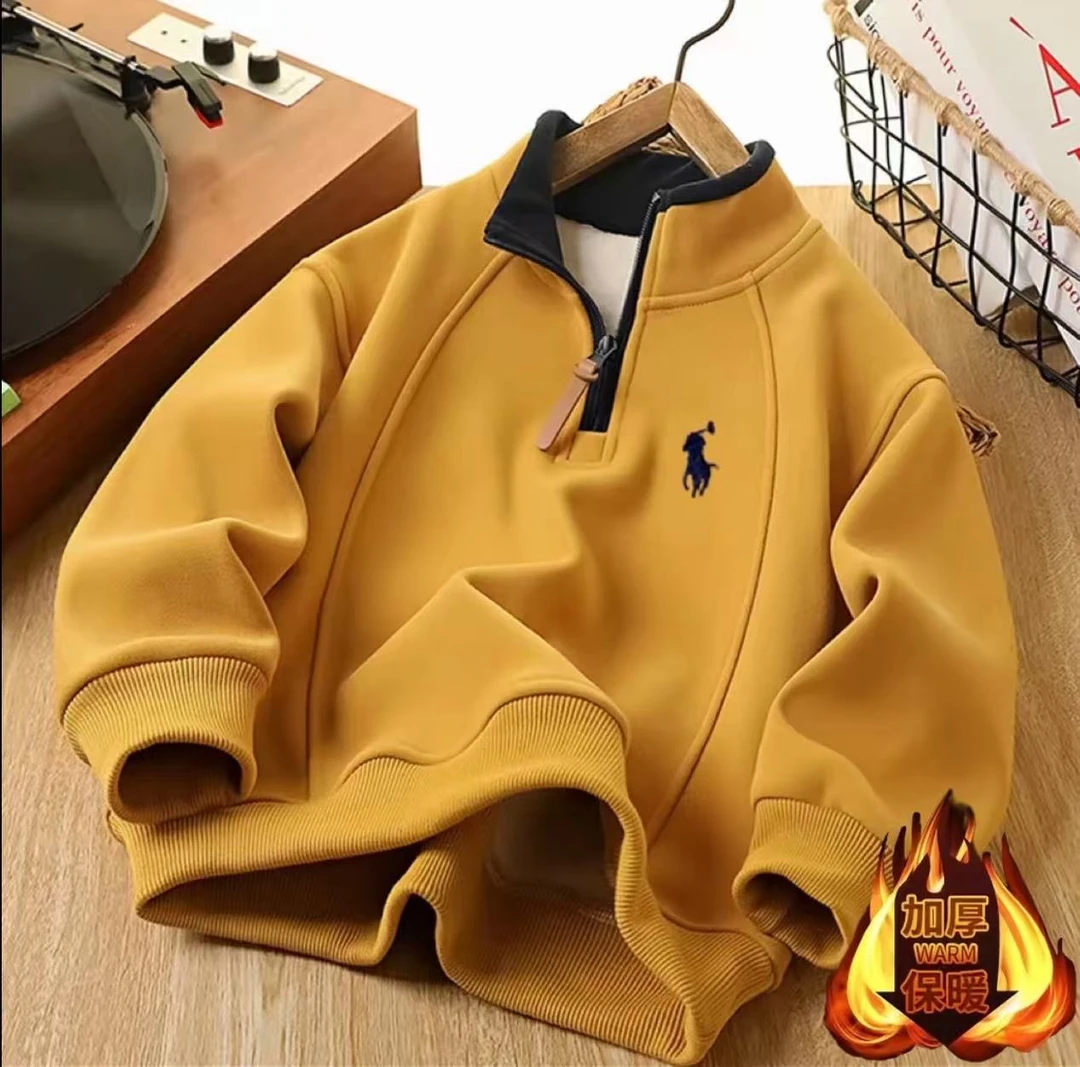 秋冬季保暖休闲风男童上衣刺绣卫衣加绒加厚款