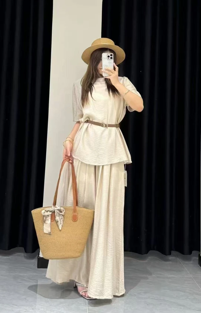 高级感时尚盐系收腰显瘦短袖V领上衣搭配阔腿裤6288-1