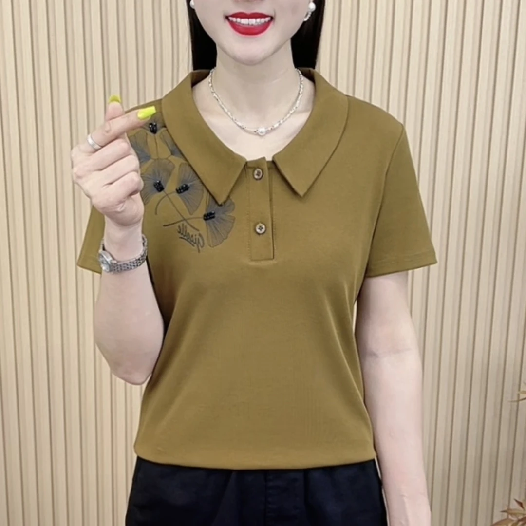 夏季新款时尚翻领纯色洋气印花韩版T恤休闲百搭显瘦短袖上衣M523