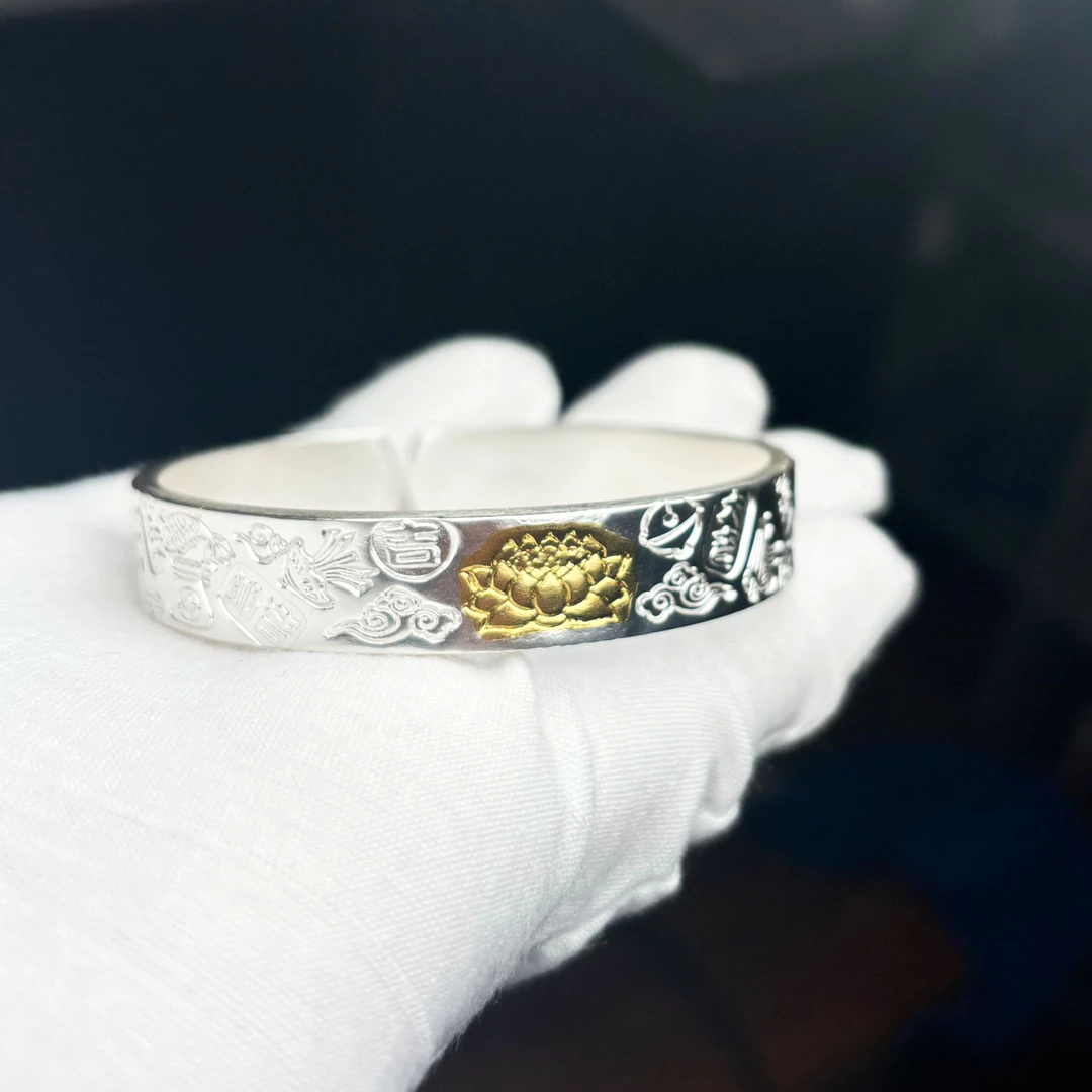 足银银制品 纯银制品   贴金平打吉言手镯 足银999纯手工制作