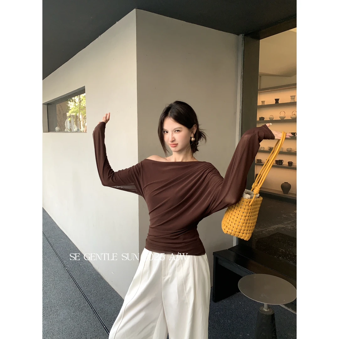 法式优雅复古网纱斜肩显瘦长袖个性百搭小众修身显瘦圆领秋季小衫