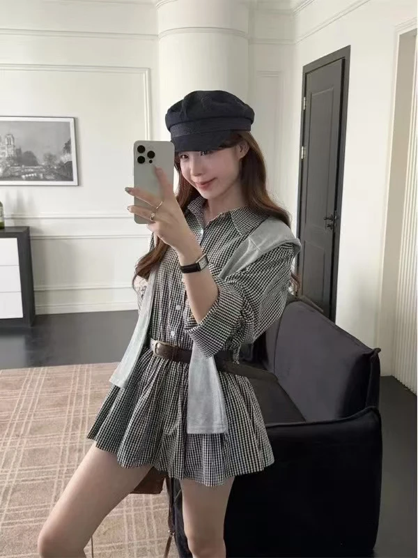 大码胖MM早秋百搭休闲风时尚套装长袖衬衫裙+披肩极简风