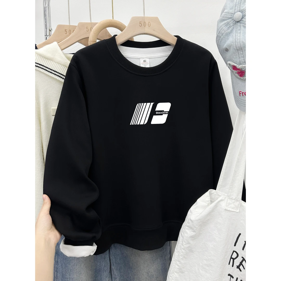 黑色正肩卫衣女外套秋冬季加绒加厚美式oversize宽松大码无帽外套