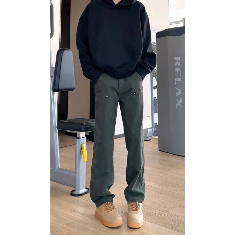 军绿色双膝伐木裤男宽松窄版工装裤子美式高街直筒牛仔裤男士秋冬