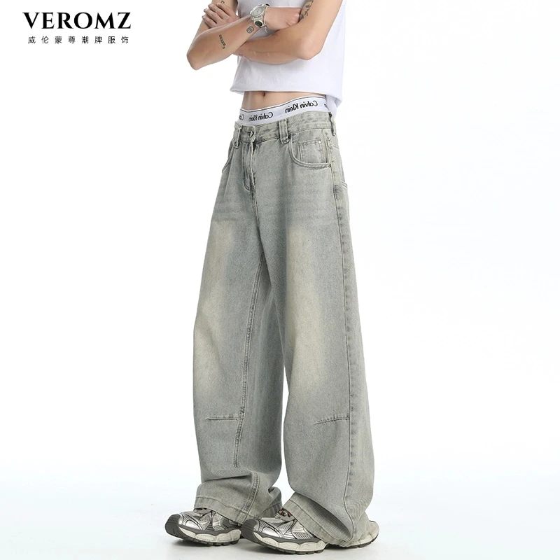 VEROMZ浅色水洗阔腿牛仔裤男早秋新款美式高街vibe宽松百搭直筒裤
