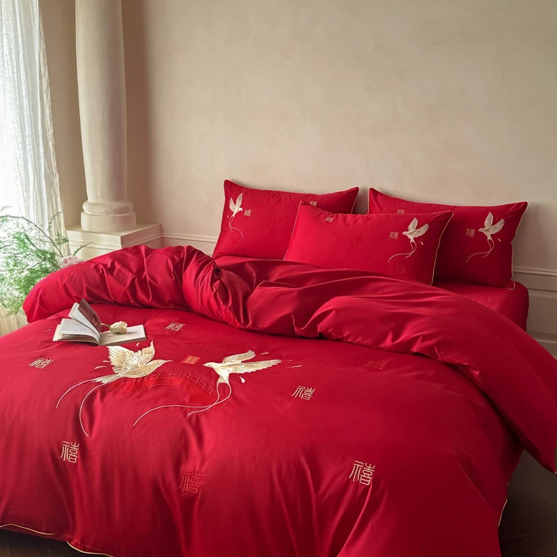 新中式刺绣亲肤棉婚庆四件套大红被套结婚喜庆陪嫁妆婚房床上用品