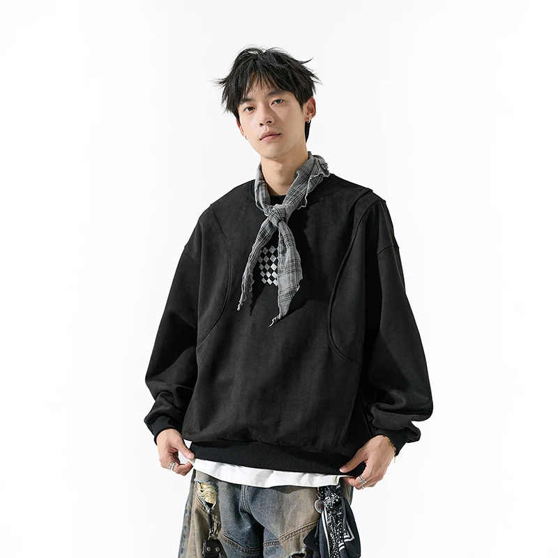 卫衣男ins潮牌美式方块刺绣拼接长袖t恤春秋情侣小众圆领套头上衣
