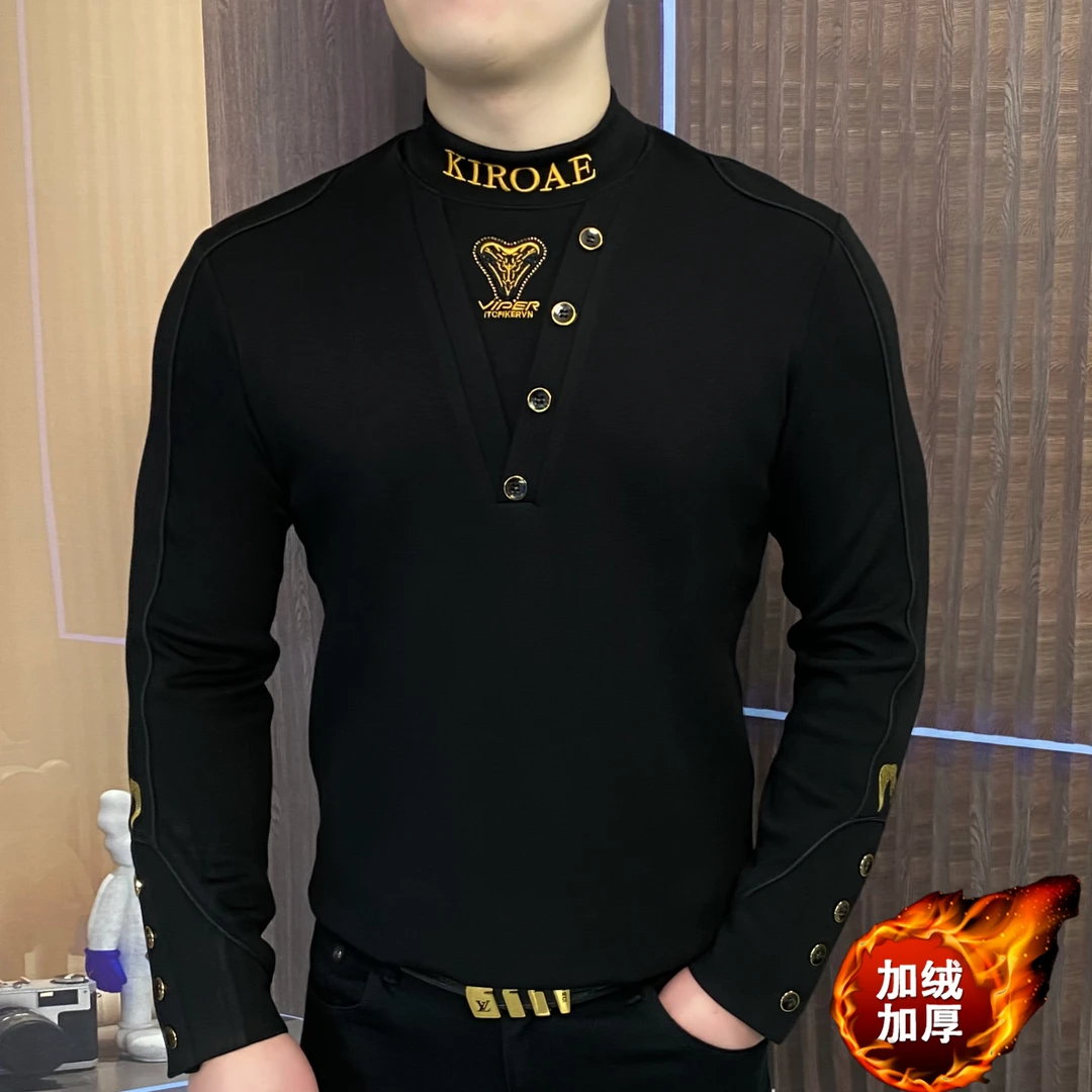 卫衣男士纽扣字母金蛇时尚潮流加绒保暖加厚修身休闲冬季半高领