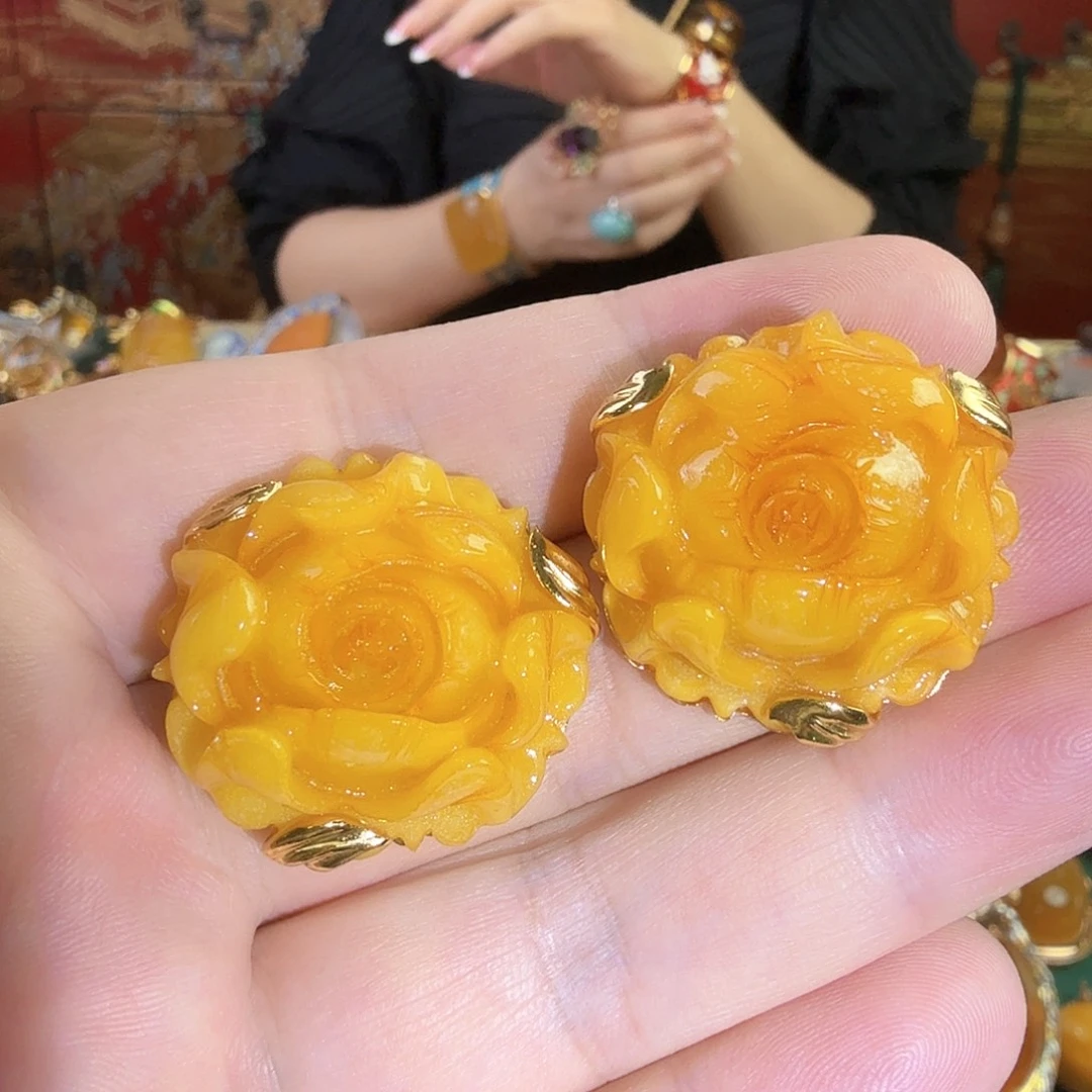 蜜蜡银S925镀金镶嵌耳钉