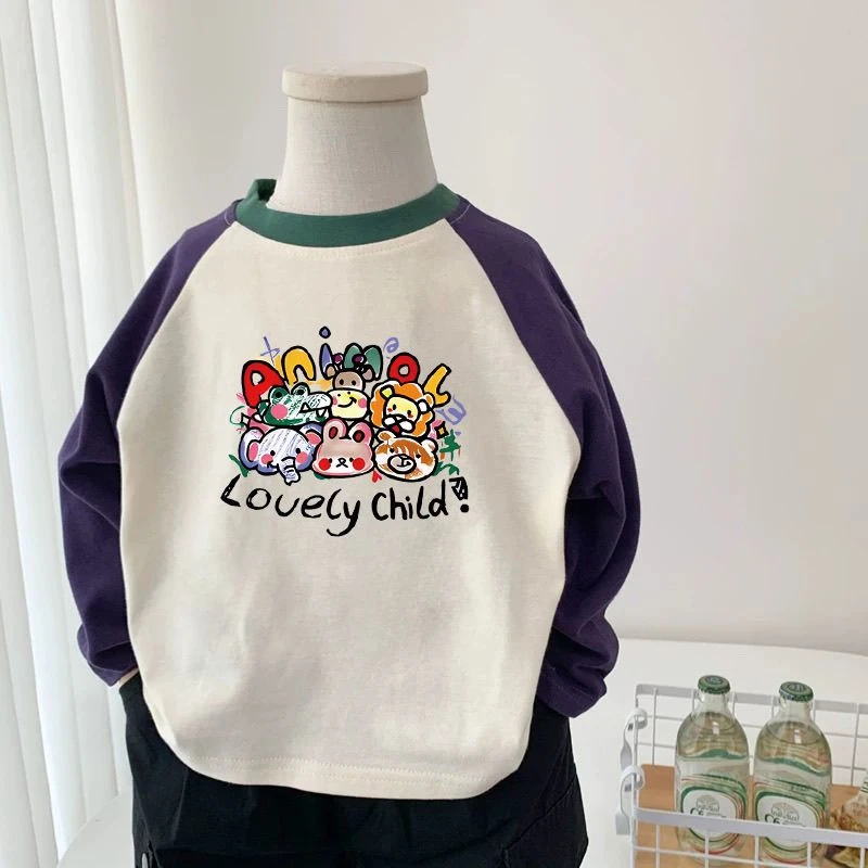 儿童100%纯棉拼接长袖打底秋季新款男女童宝宝卡通印花插肩袖t恤