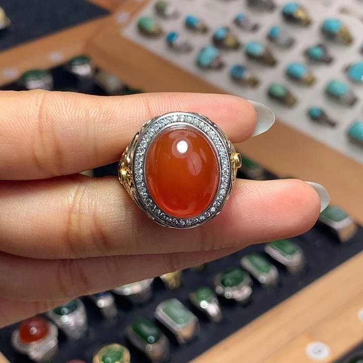 南红玛瑙戒指银S925镶嵌花*