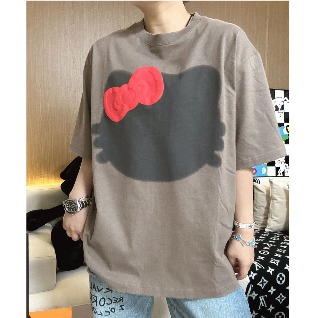 【影子】猫咪蝴蝶结字母时尚百搭宽松印花大版中长款T恤