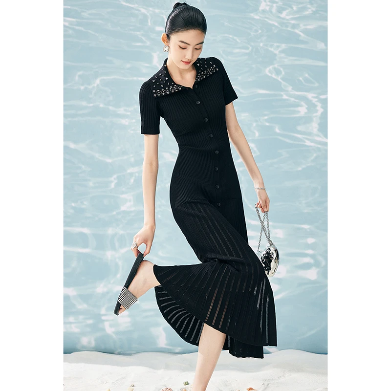 【陈大可专属】MandyZhang“星轨钉珠领”坑条针织连衣裙女夏长裙子