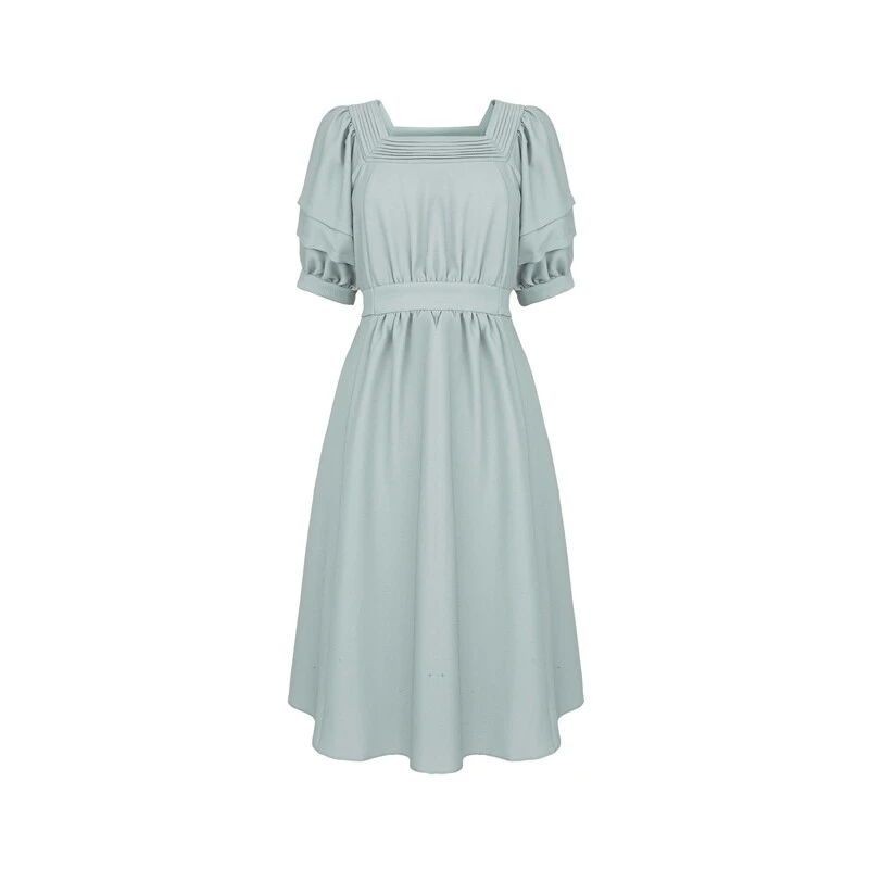 sdeer圣迪奥女装时尚气质法式方领压褶泡泡袖收腰连衣裙S233Z1262