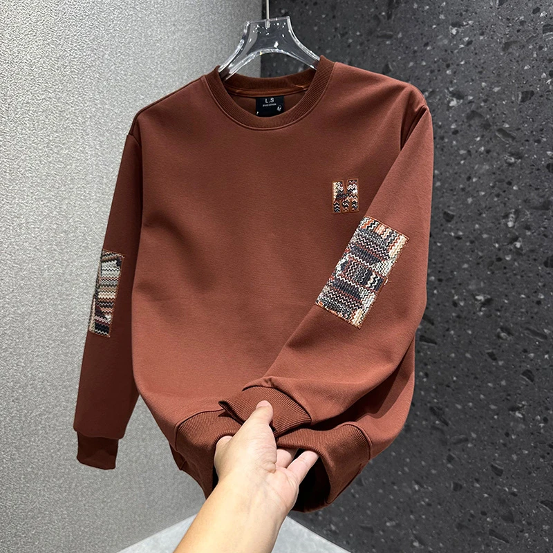 美式重磅秋冬时尚百搭休闲刺绣圆领上衣男士长袖套头贴布潮流卫衣