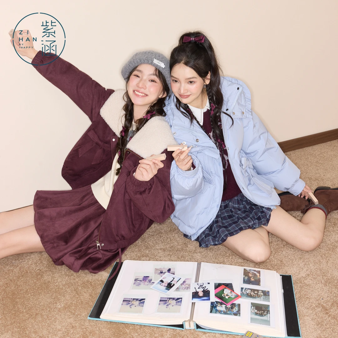 紫涵短款羊羔绒大翻领羽绒服女2025年冬季新款甜美蝴蝶结鸭绒外套