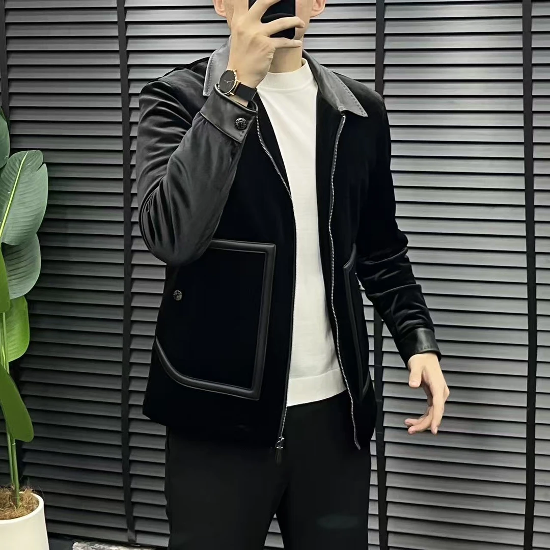 HS2025冬季新款SS7621男士欧货商务休闲百搭金丝绒羊皮拼接羽绒服