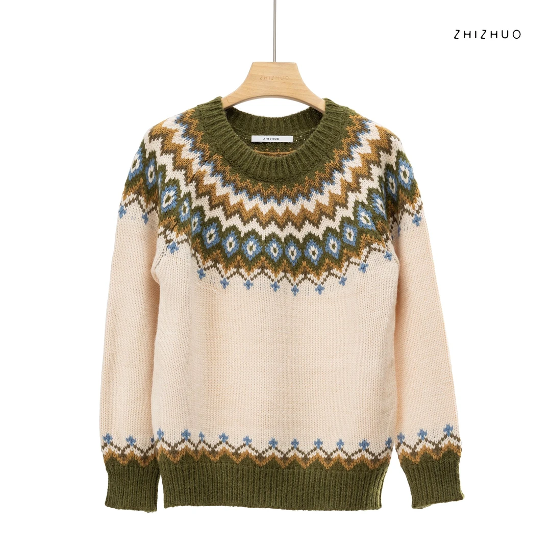 ZHIZHUO/莫奈花园复古精致提花百搭日常套头针织衫