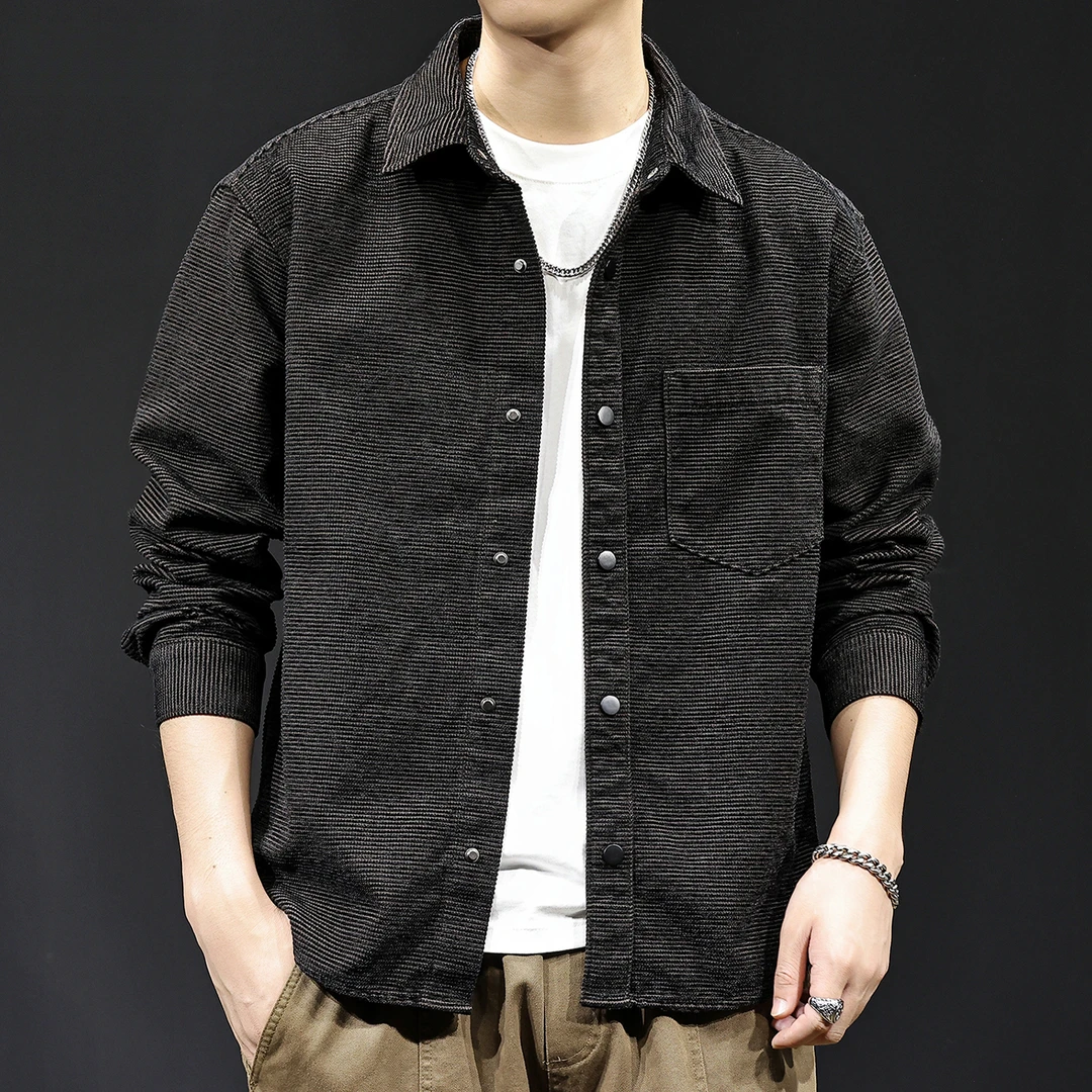 秋季新款雪尼尔条纹长袖衬衫男2025春秋休闲大码工装衬衣男士外套