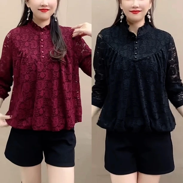 2025新款春季蕾丝时尚洋气显瘦遮肚大码衬衫扣长袖常规款