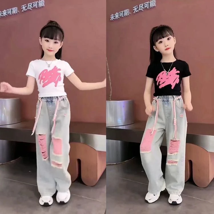 女童夏装套装2025新款洋气女孩短袖初中生潮款牛仔裤夏季两件套