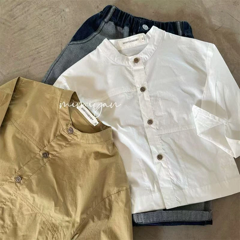 儿童衬衫2025春季新款男女童纯色圆领衬衫宝宝韩版复古衬衣66502