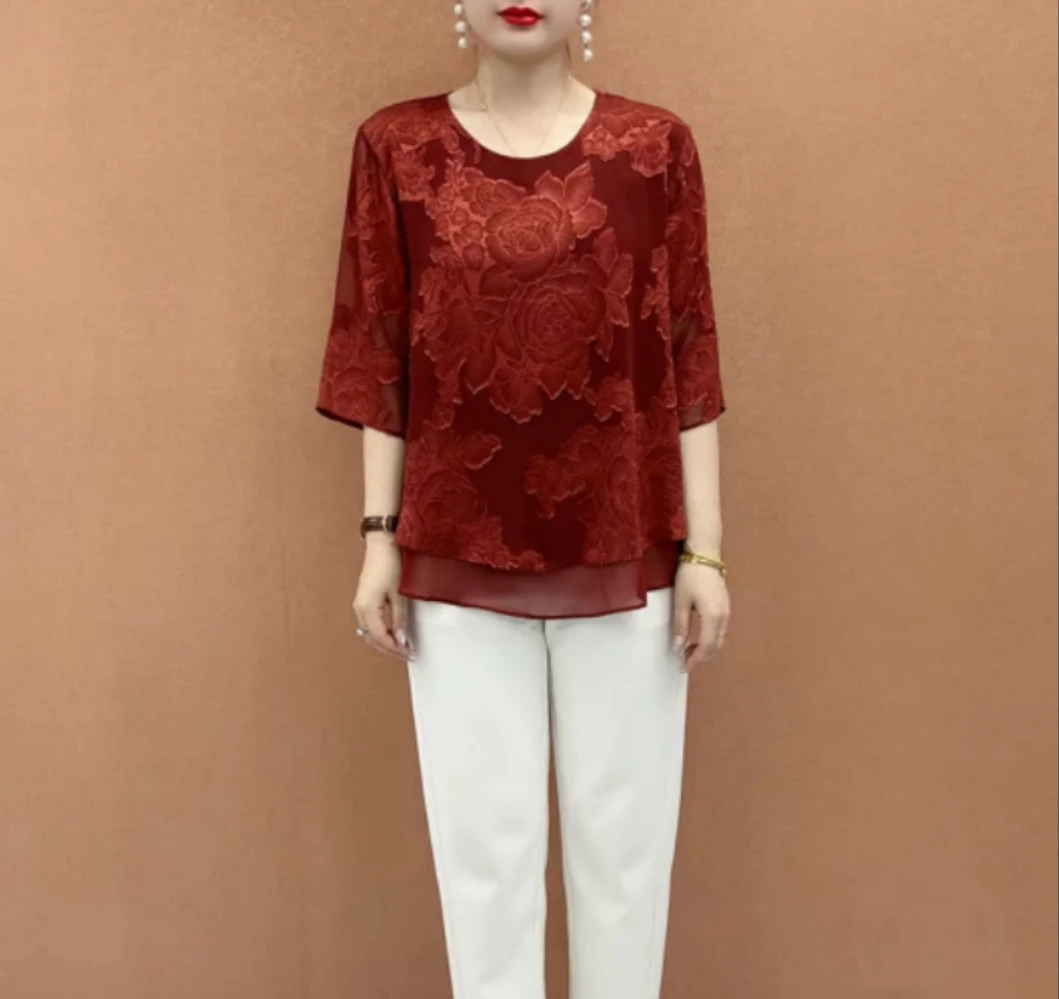 时尚洋气中年妈妈高档设计提花休闲雪纺衫夏季新款百搭宽松衬衣女