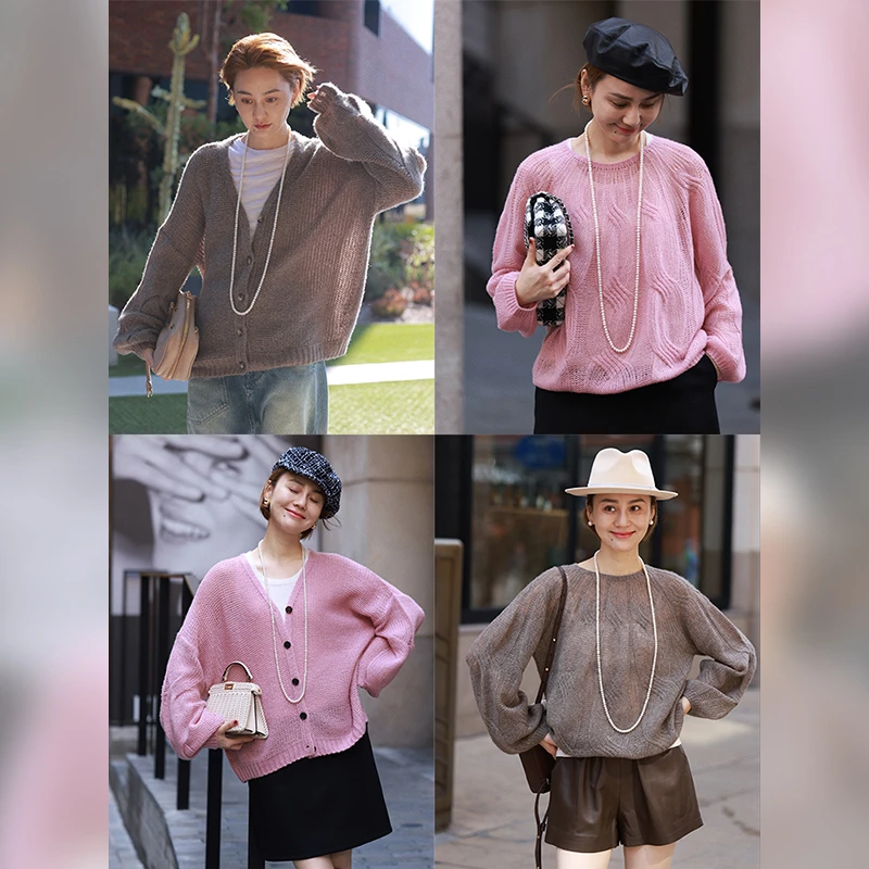 WinnieTang桑蚕丝羊绒混纺毛纱松弛感百搭针织绞花开衫针织衫套装