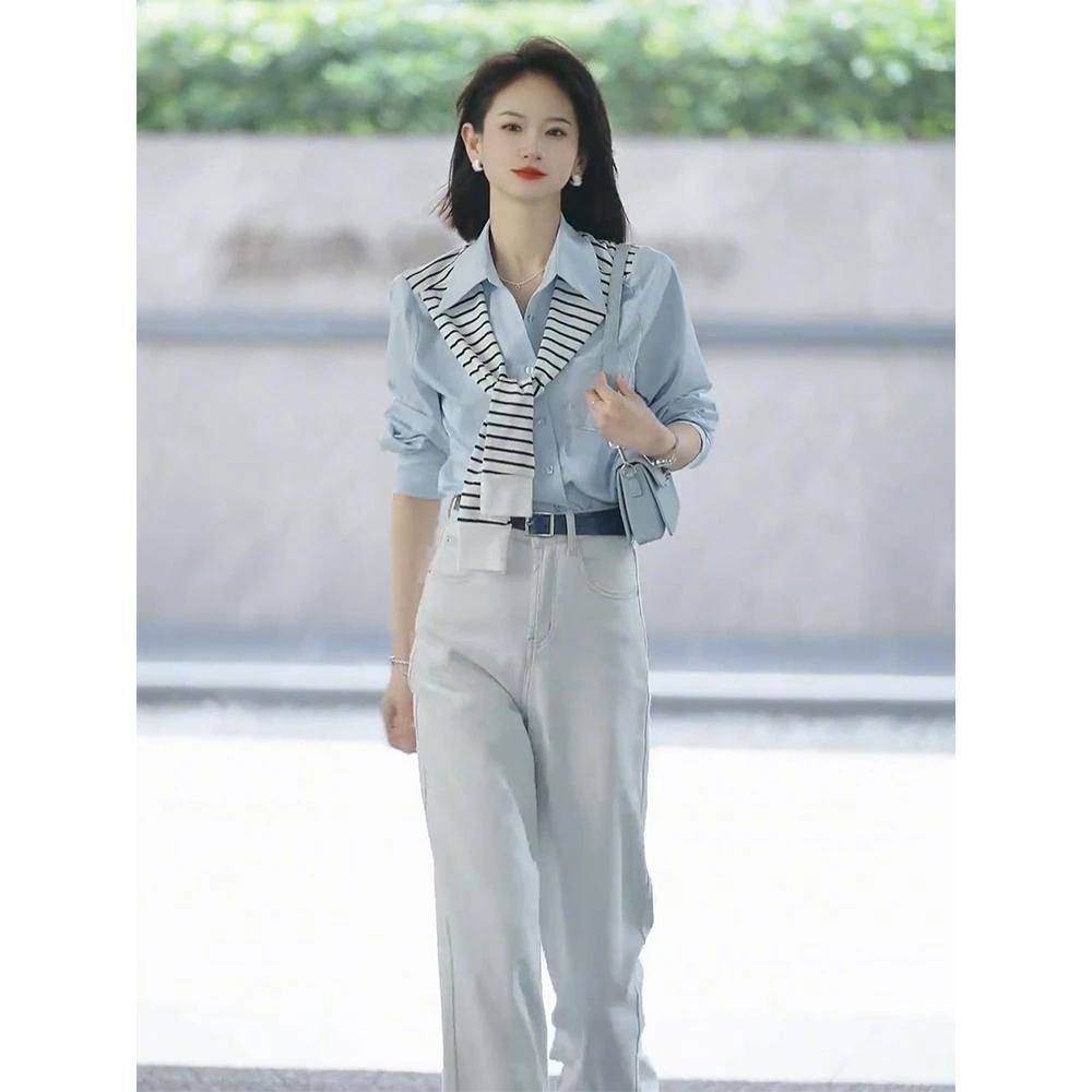 2025春装搭配一整套气质通勤女装高级感休闲蓝色衬衫裤子两件套装