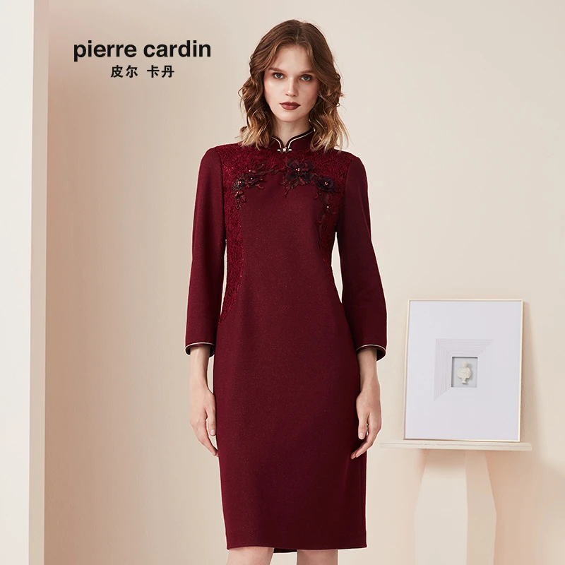 【皮尔卡丹女装】专柜正品酒红色羊毛连衣裙时尚小众裙