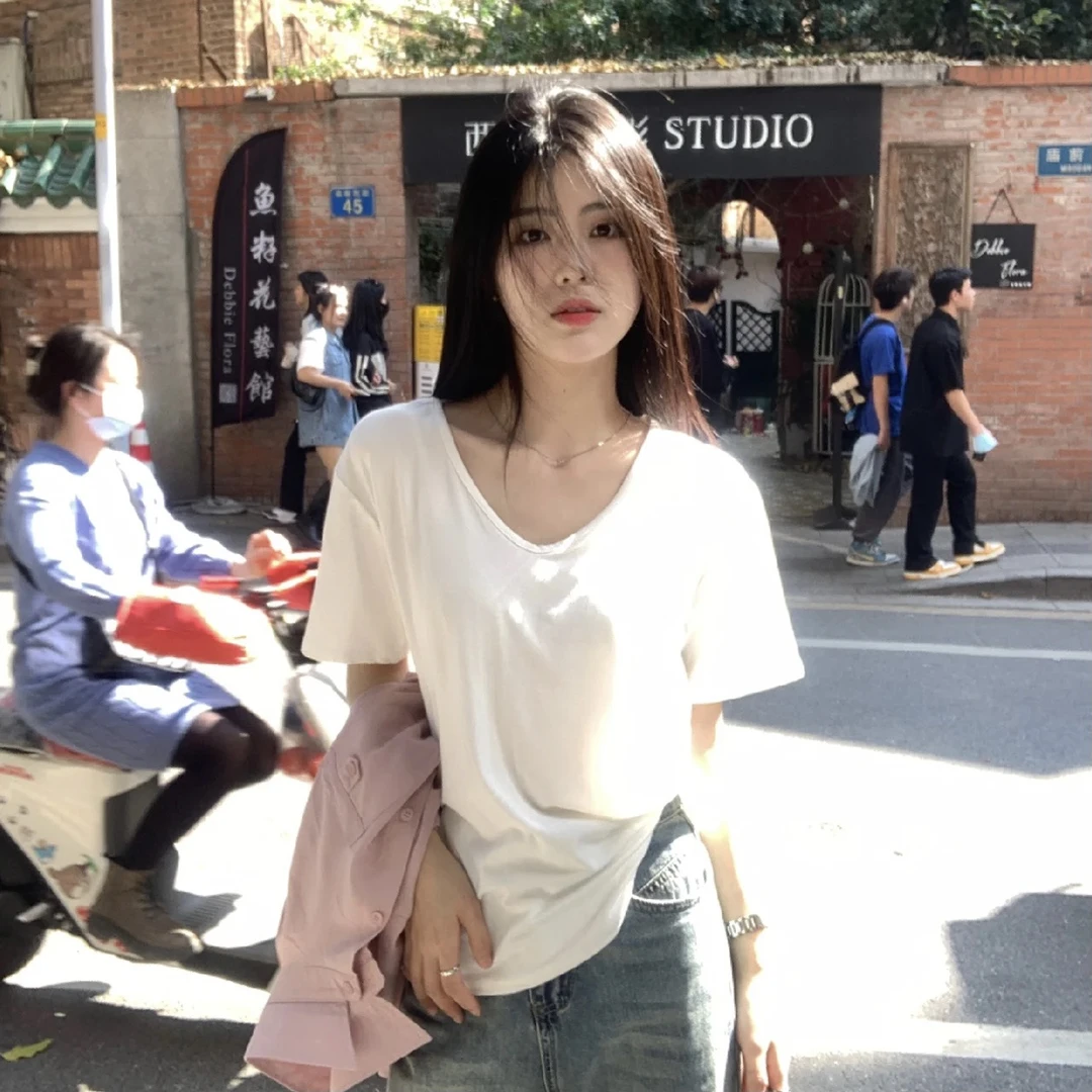 美式正肩白色v领短袖t恤女夏季纯色内搭小众宽松打底衫i