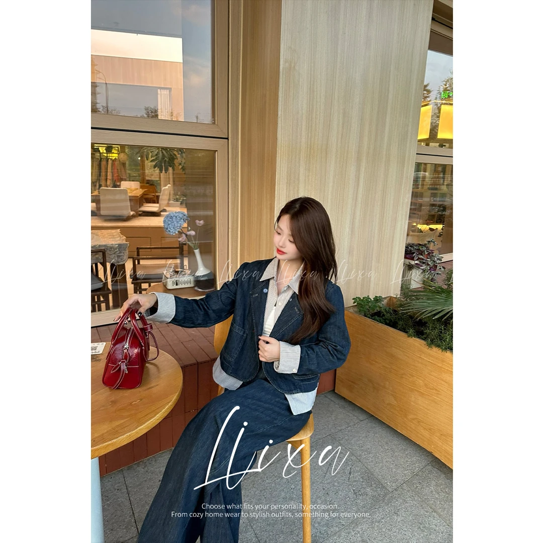 【雨薇】通勤休闲风时尚套装复古牛仔假两件小众气质套装Y53TZG1069