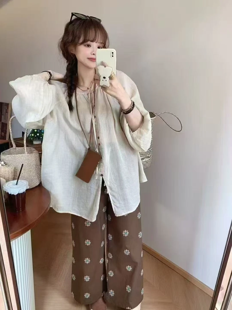 胖MM夏季韩系泡泡袖慵懒风麻料罩衫阔腿裤减龄洋气套装