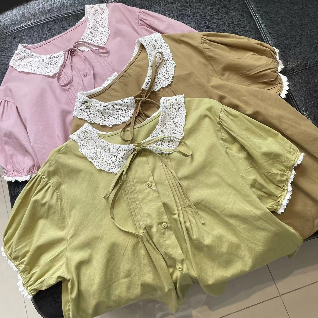 CS289夏装新款全棉宽松休闲蕾丝花边翻领短袖衬衫女士