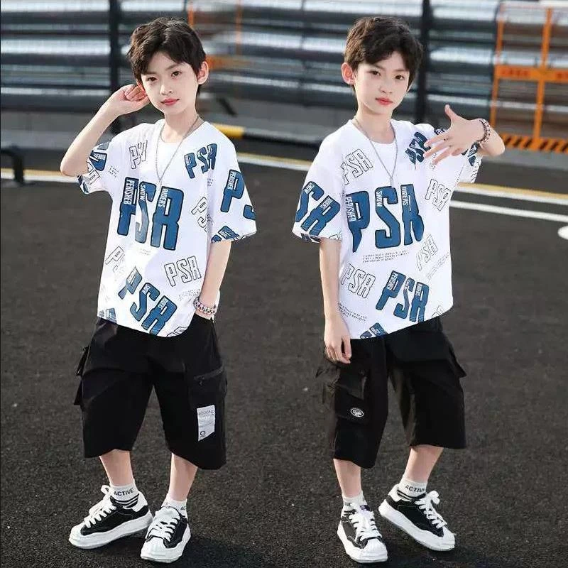 新款夏季男童洋气纯棉短袖字母印花潮流宽松舒适休闲时尚潮童装