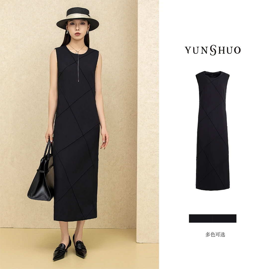 允硕春季新品时尚百搭圆领立体无袖修身直筒简约气质连衣裙569415