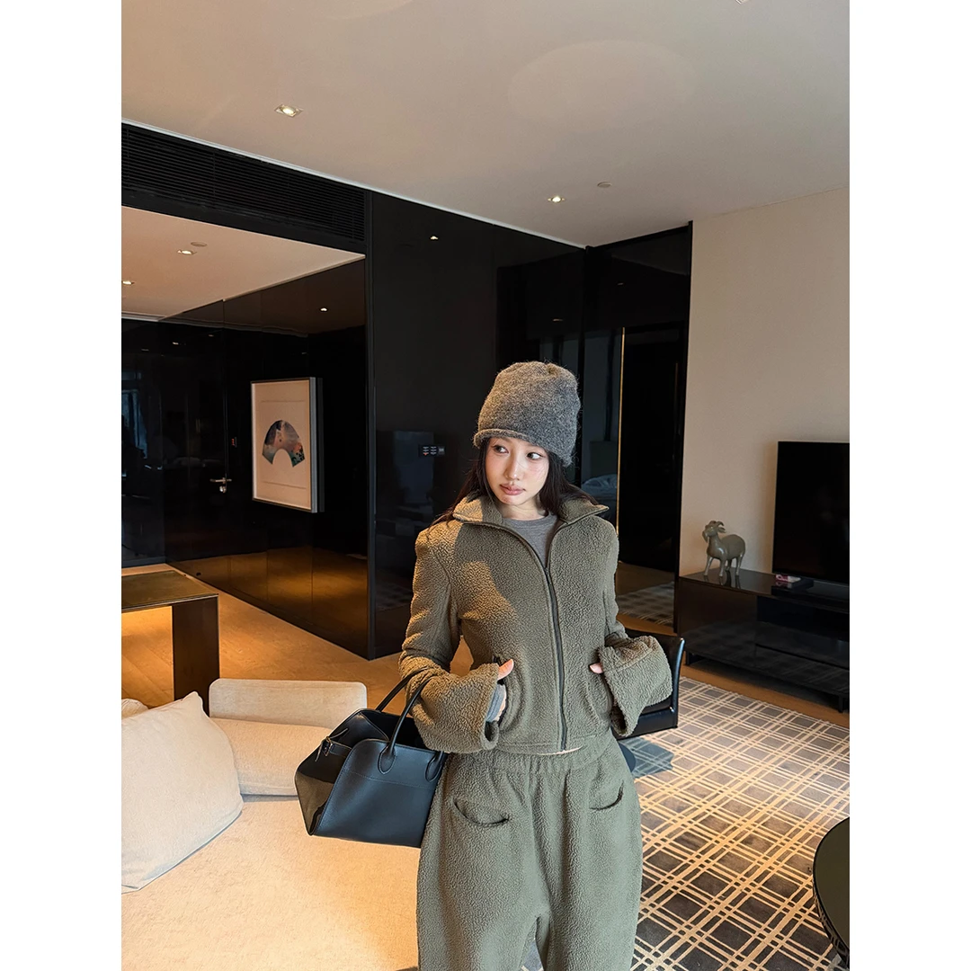 复古拉链立领羊羔毛外套女秋冬穿搭套装宽松阔腿长裤休闲裤两件套