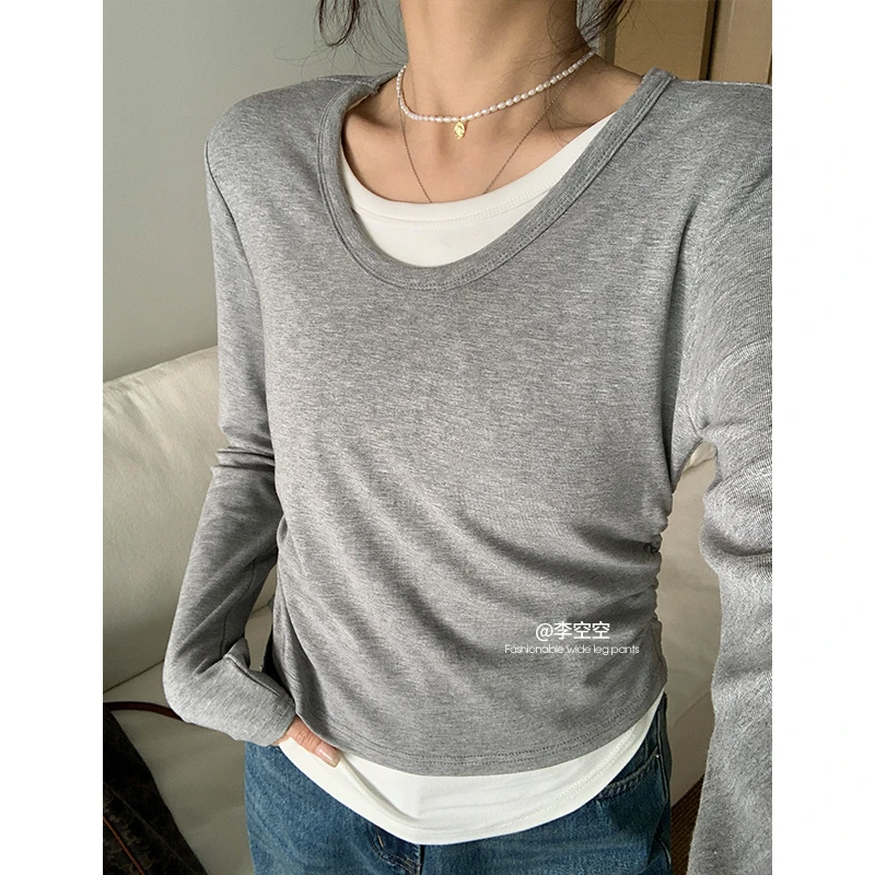 李空空自制【懒人叠穿】春秋季简约假两件设计感时尚打底T恤女上衣