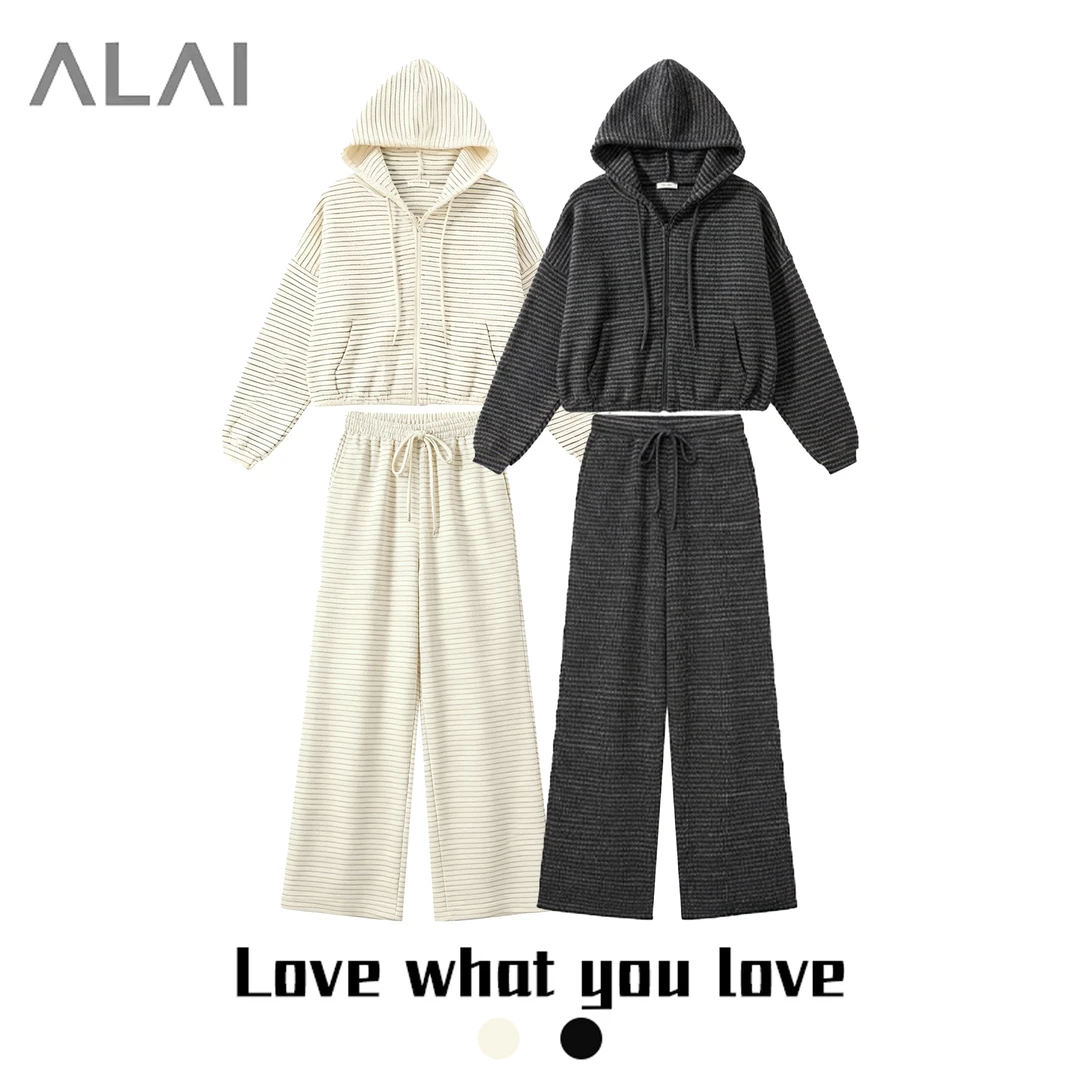 【蚕丝羊绒】里布美式复古条纹开衫连帽女冬宽松拉链套装26361