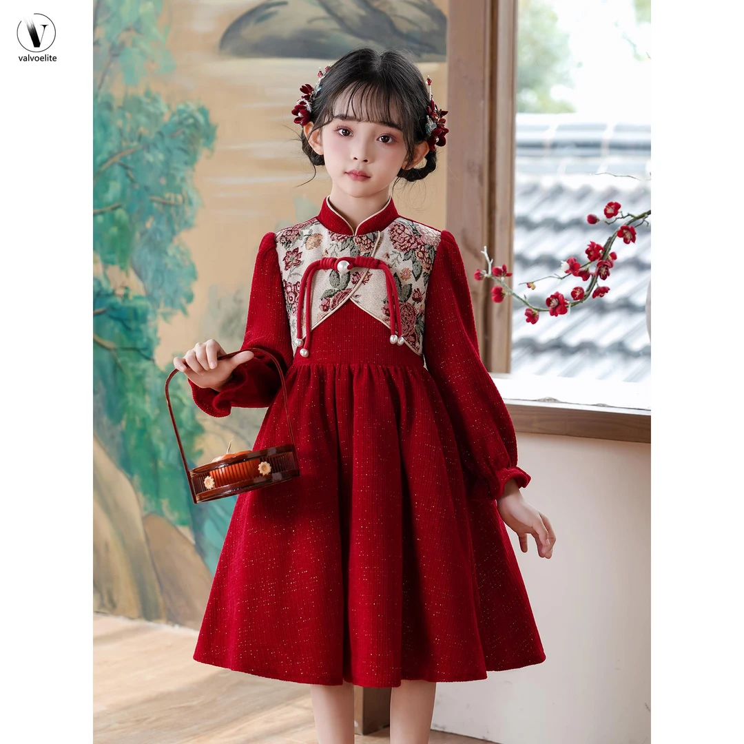 VALVOELITE女童旗袍新款秋冬加绒连衣裙新中式国风唐装红色裙子潮