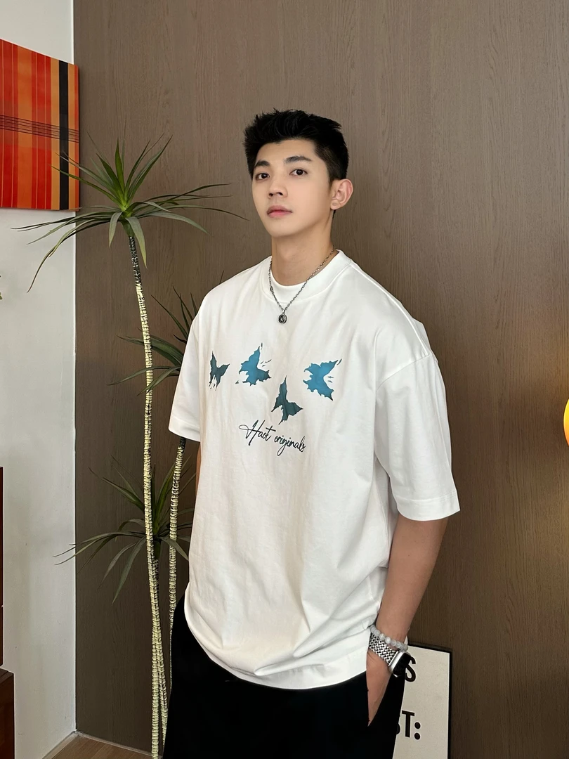 浩仔STUDIO 半袖重磅男士短袖t恤蝴蝶夏季高级感宽松百搭上衣