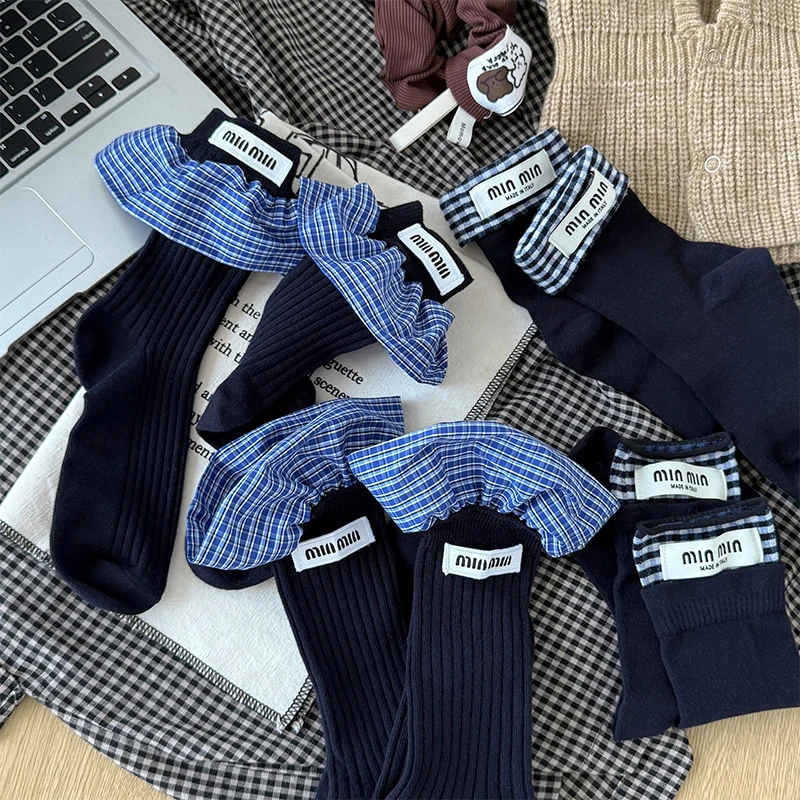 【正版】秋冬小众高级袜子女条纹拼接缪风藏青系网红款中筒袜木耳边