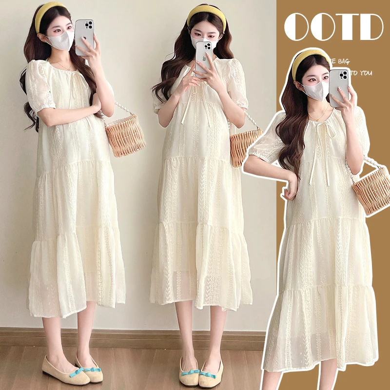 孕妇装夏装韩版时尚2025新款蕾丝提花刺绣中长款气质孕妇连衣裙子