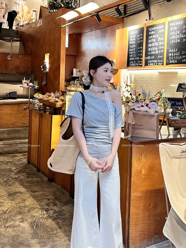EE·夏季韩系蕾丝飘带显瘦单肩褶皱上衣