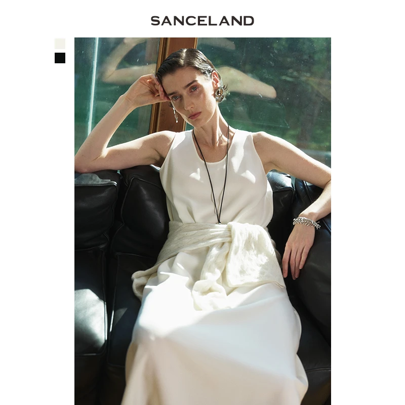 SANCELAND三石一澜2025春H型长款醋酸无袖U型领连衣裙SJ24104003