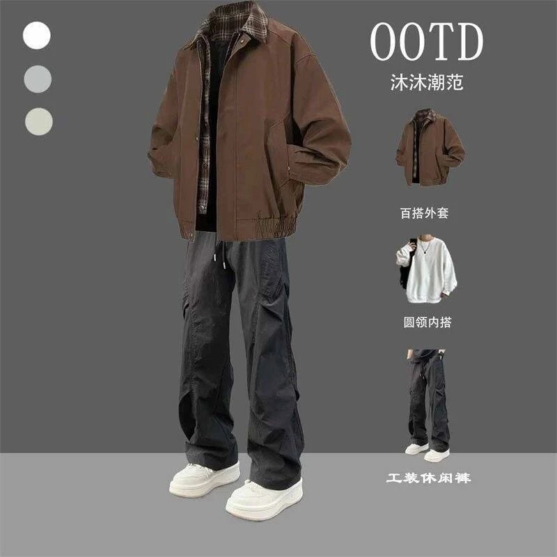 美拉德潮流假两件夹克套装秋季男士潮搭机能工装裤酷帅男装一整套